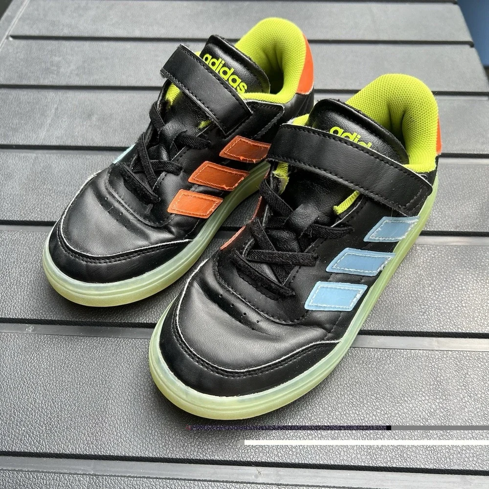 Adidas Courtblock Black Tennis Shoes Neon Green Sole Youth Size 13K Orange Blue